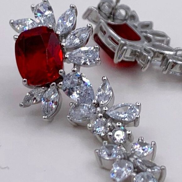 Earring, NWOT, solid 925 sterling, large lab ruby, articulated 1&1/2 in. drop, - Picture 7 of 17